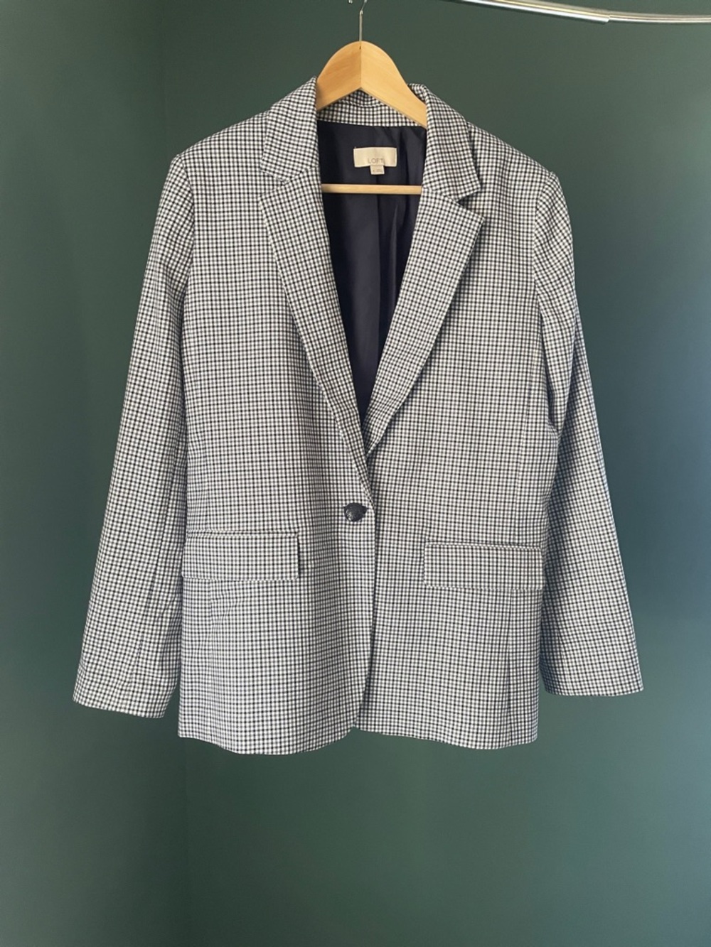 LOFT Navy and White Houndstooth Blazer with Decorative Buttons